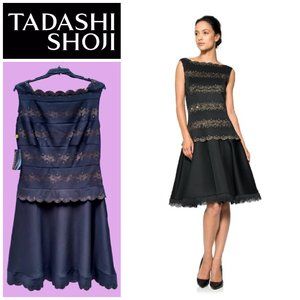 Tadashi Shoji Laser Cut A-Line Black Dress  Sz L
